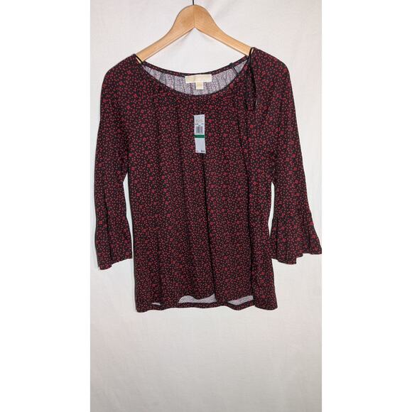 Michael Kors Women's Blouse Sz L Black Boho hearts Peasant Bell 3/4 Sleeve - Picture 1 of 5